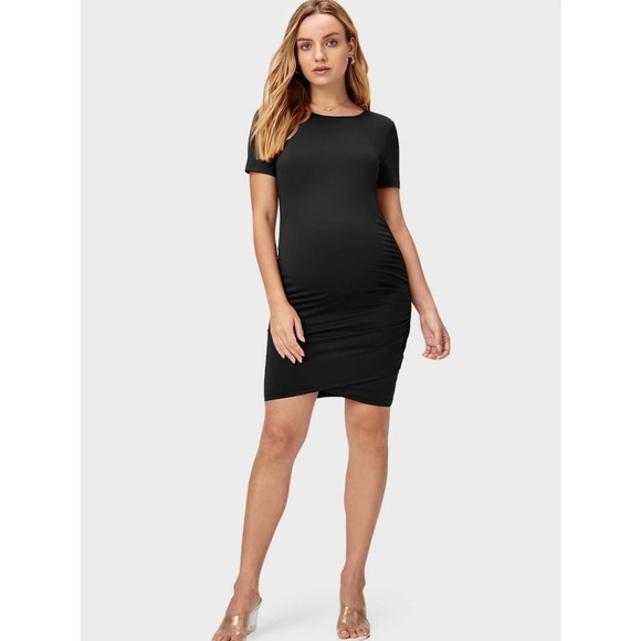 Maternity Solid Ruched Tulip Hem Bodycon mini Dress black - Picture 3 of 5